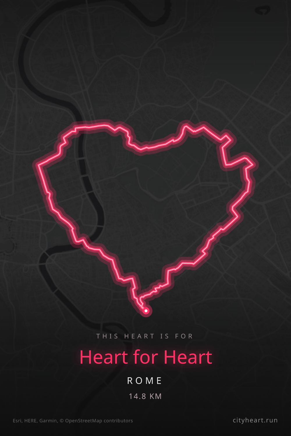 Heart-shaped running route in Rome, 14.8 km — GPS art for Strava