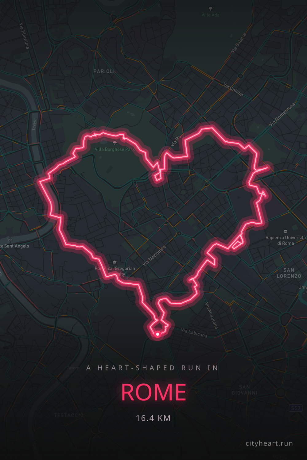 Heart-shaped running route in Rome, 16.9 km — GPS art for Strava