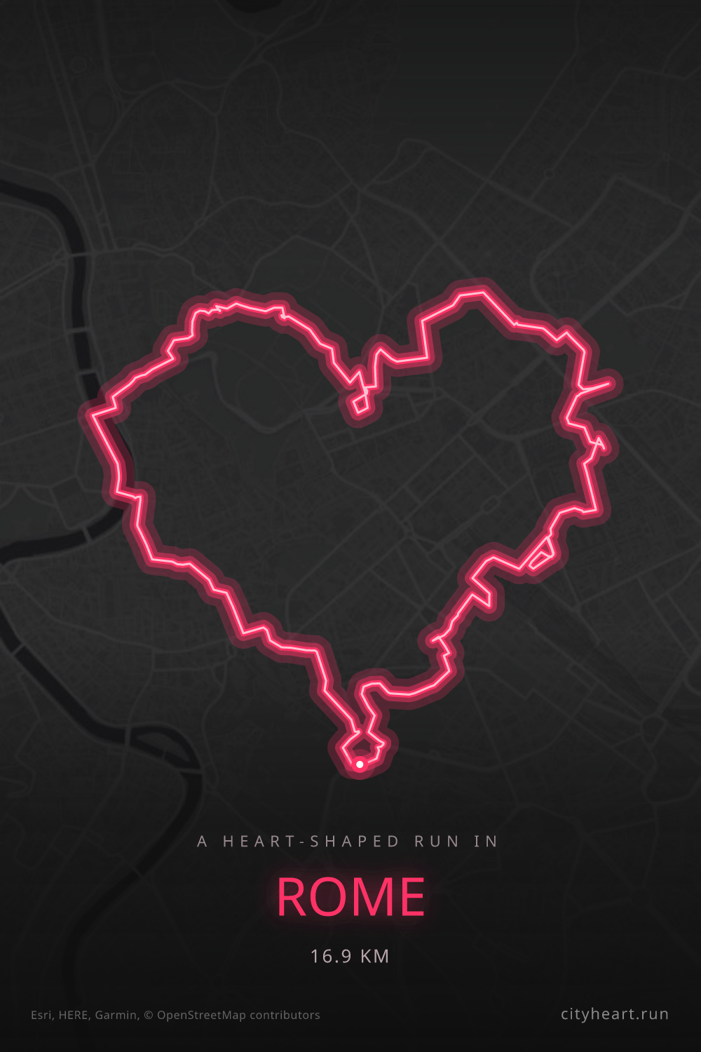 Heart-shaped running route in Rome, 16.9 km — GPS art for Strava