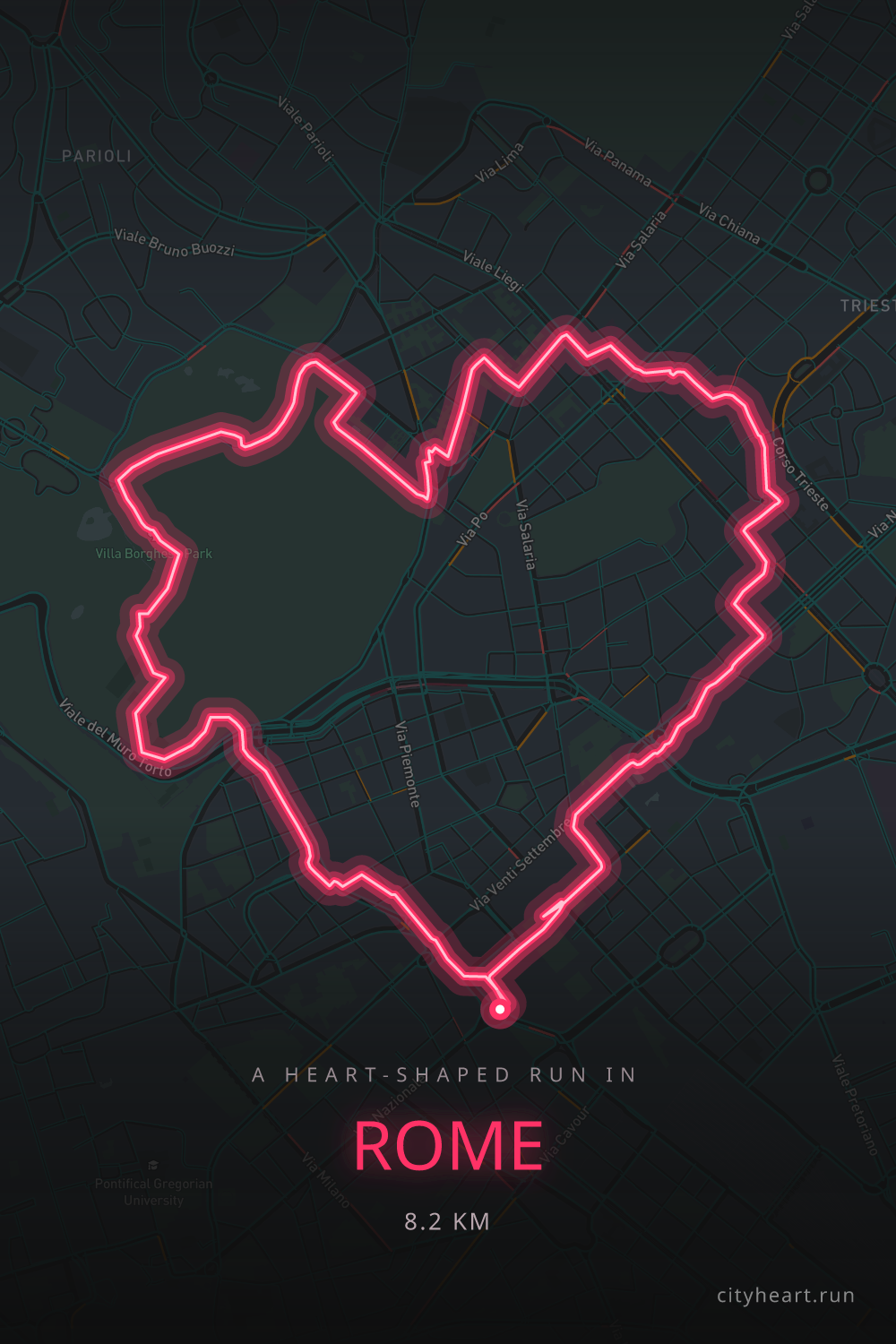 Heart-shaped running route in Rome, 8.2 km — GPS art for Strava