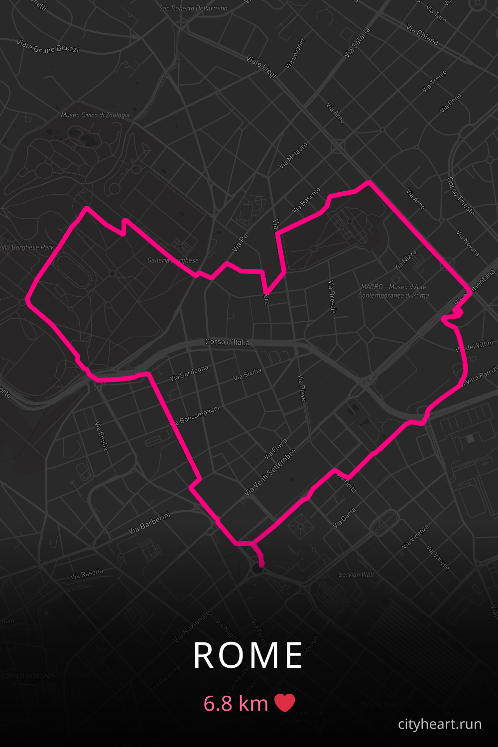 Heart-shaped running route in Rome, 6.8 km — GPS art for Strava