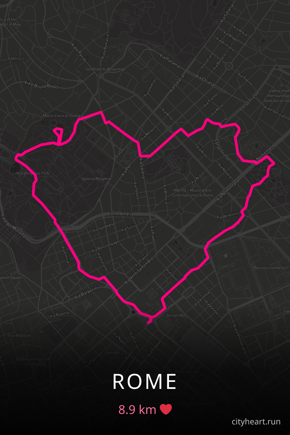 Heart-shaped running route in Rome, 8.9 km — GPS art for Strava