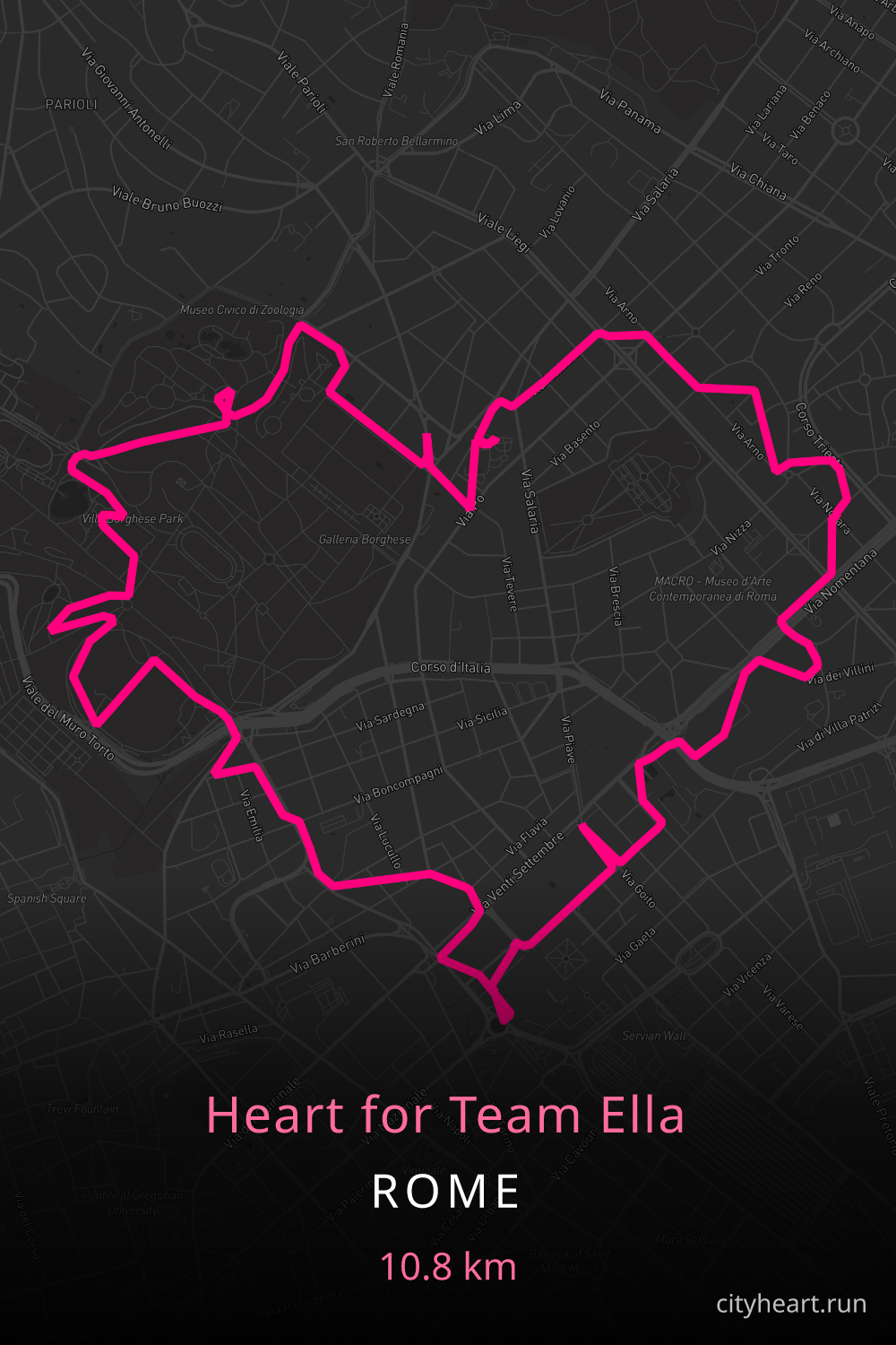 Heart-shaped running route in Rome, 10.8 km — GPS art for Strava