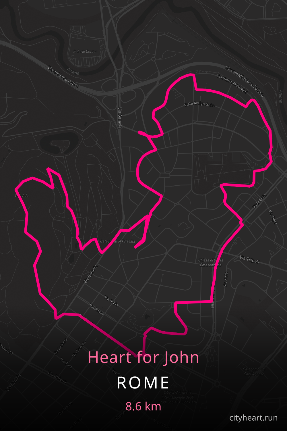 Heart-shaped running route in Rome, 13.2 km — GPS art for Strava