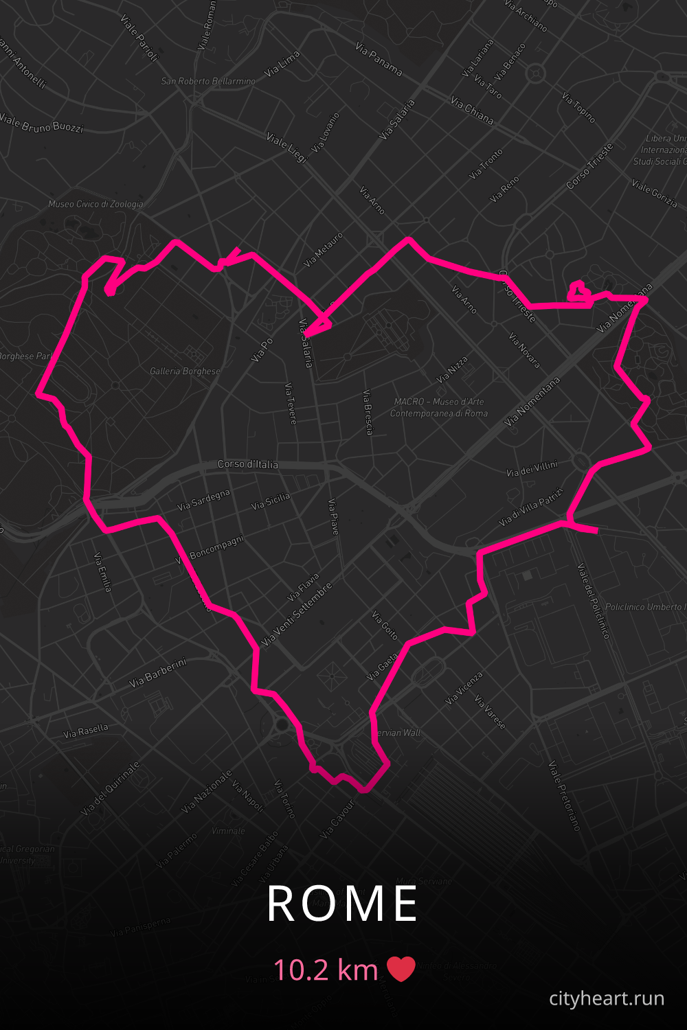 Heart-shaped running route in Rome, 10.2 km — GPS art for Strava