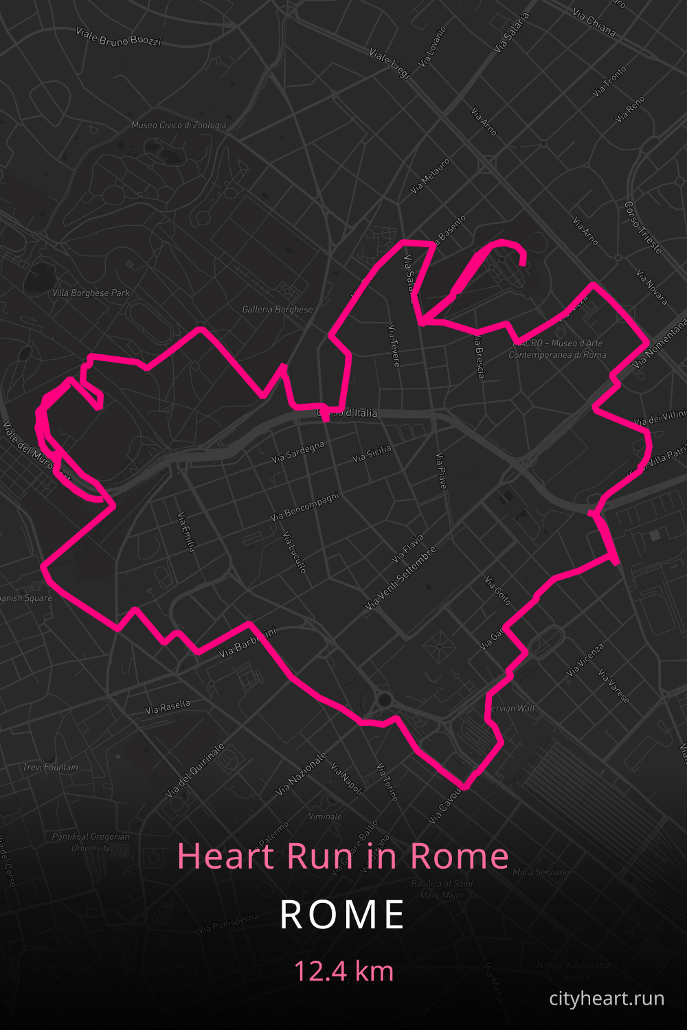 Heart-shaped running route in Rome, 13.6 km — GPS art for Strava