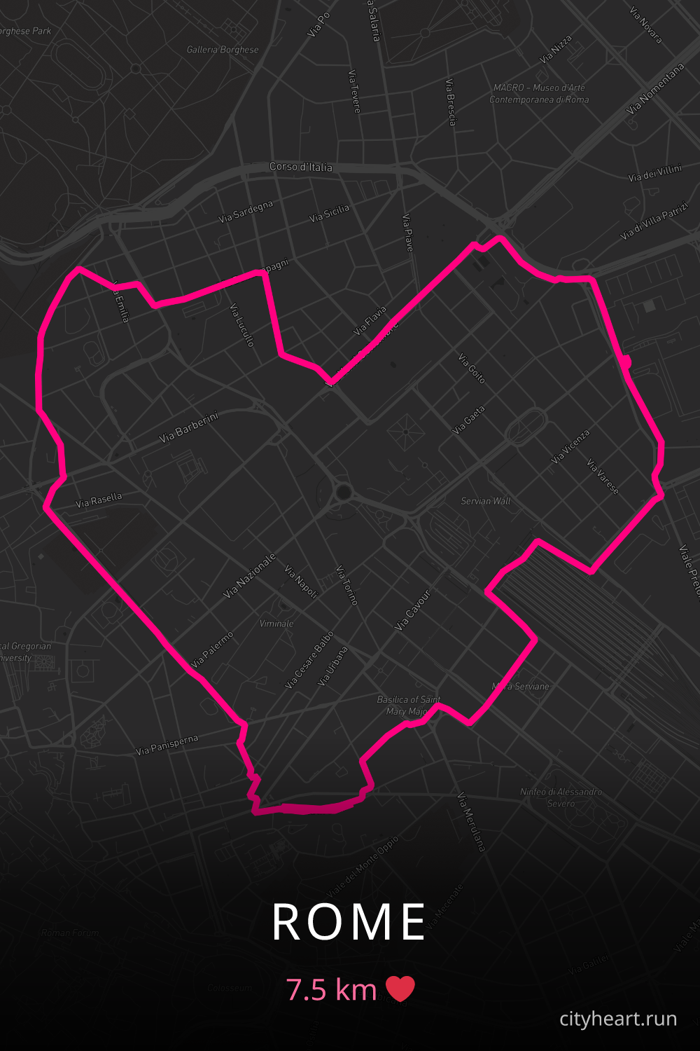 Heart-shaped running route in Rome, 7.5 km — GPS art for Strava