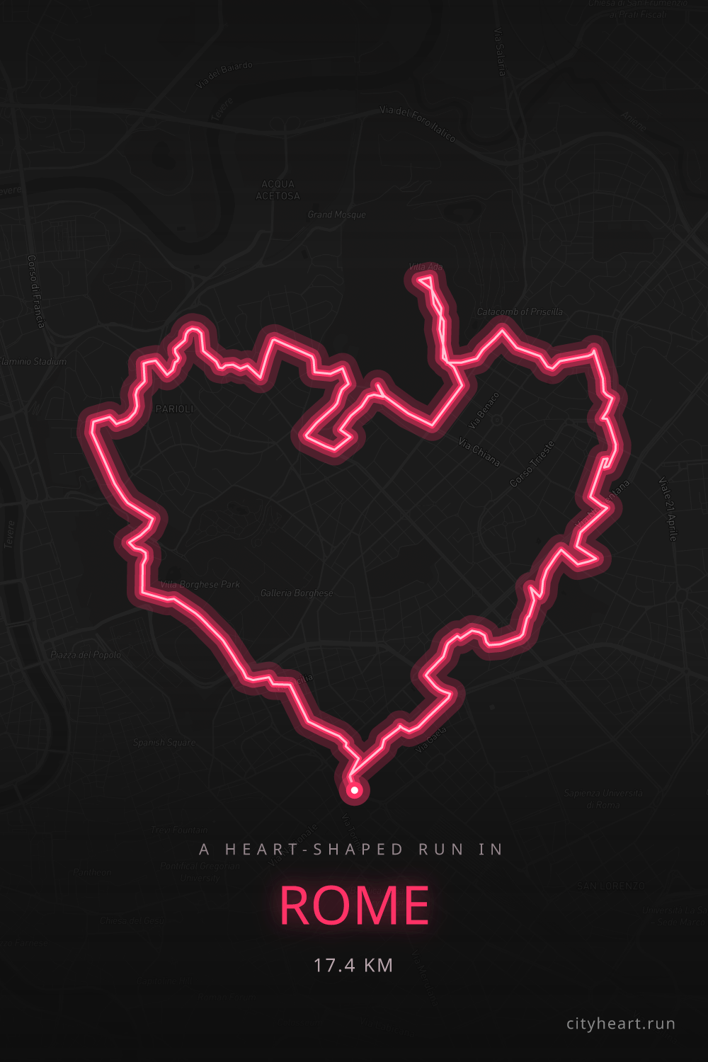 Heart-shaped running route in Rome, 18.3 km — GPS art for Strava