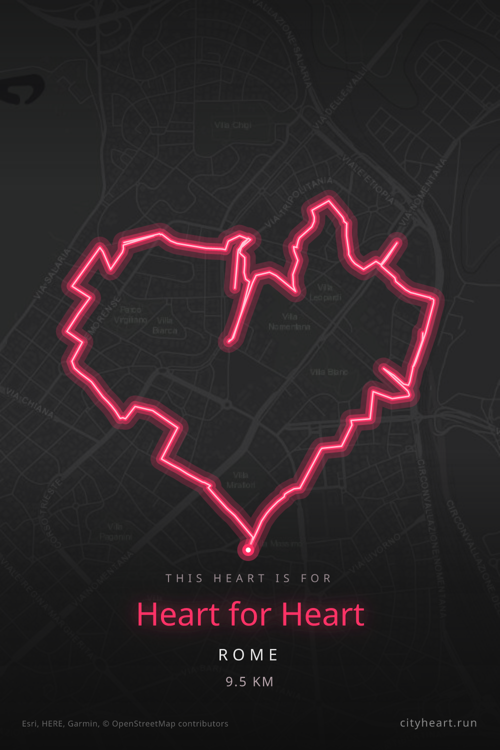 Heart-shaped running route in Rome, 9.5 km — GPS art for Strava