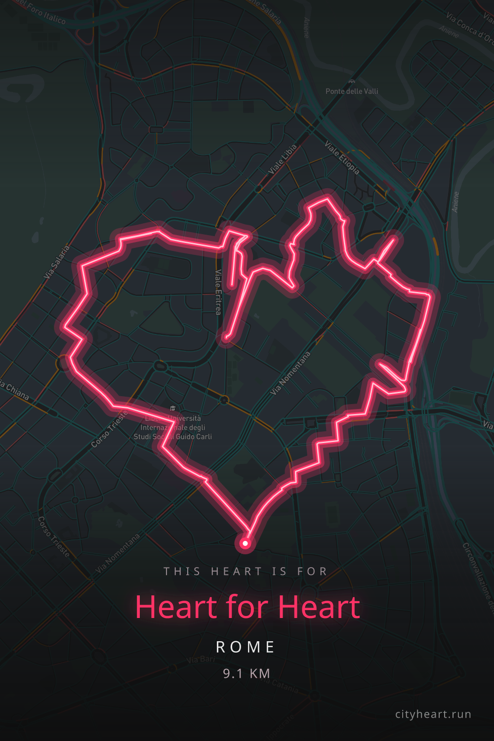 Heart-shaped running route in Rome, 9.5 km — GPS art for Strava
