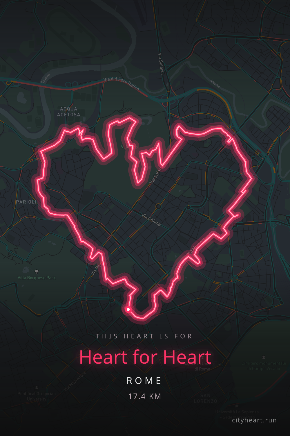 Heart-shaped running route in Rome, 18.5 km — GPS art for Strava