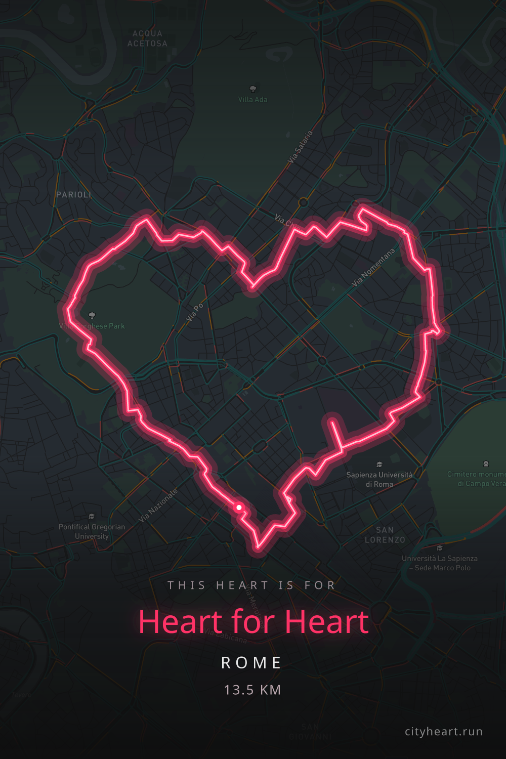 Heart-shaped running route in Rome, 14.7 km — GPS art for Strava