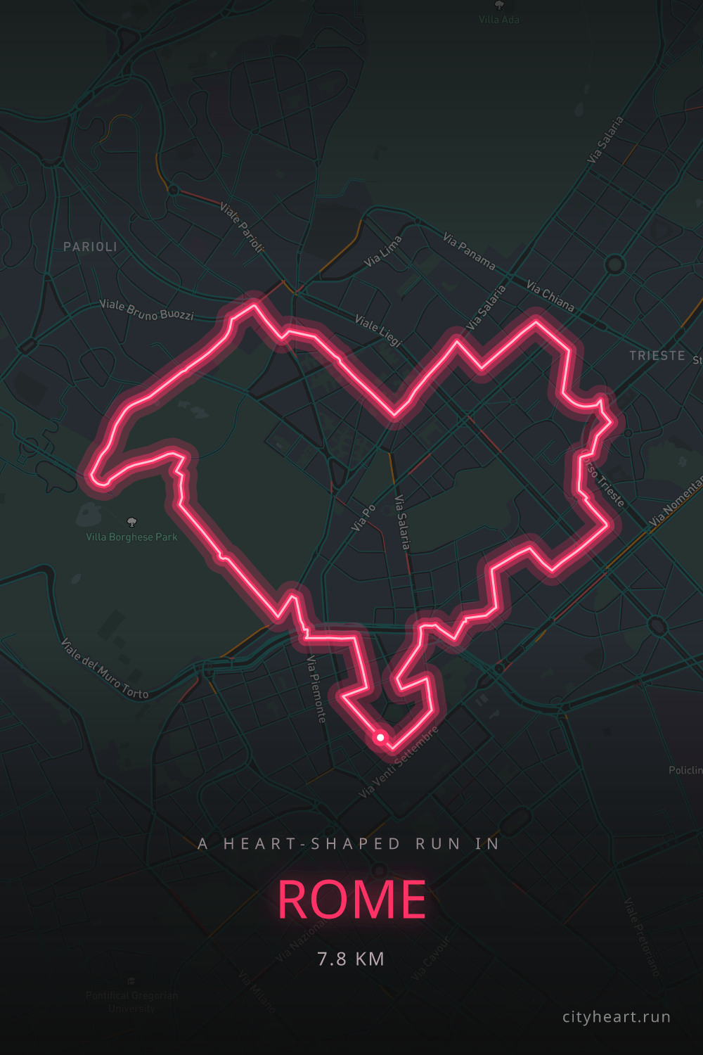 Heart-shaped running route in Rome, 7.8 km — GPS art for Strava