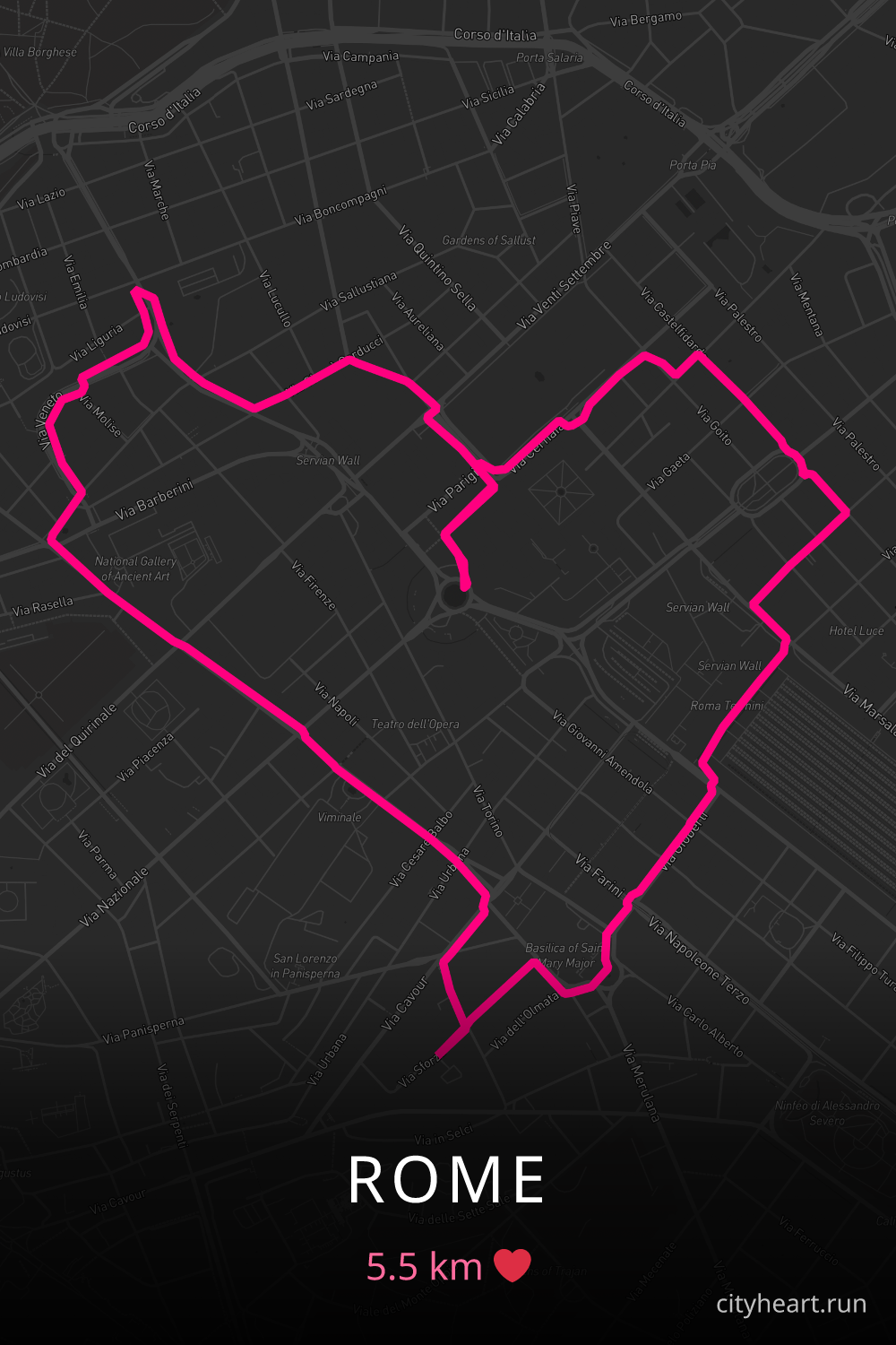 Heart-shaped running route in Rome, 5.5 km — GPS art for Strava