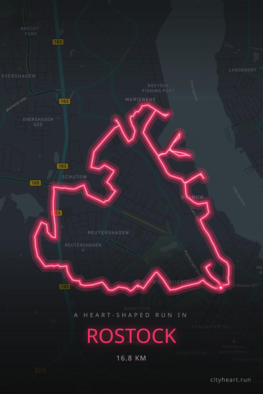 Heart-shaped running route in Rostock, 18.1 km — GPS art for Strava