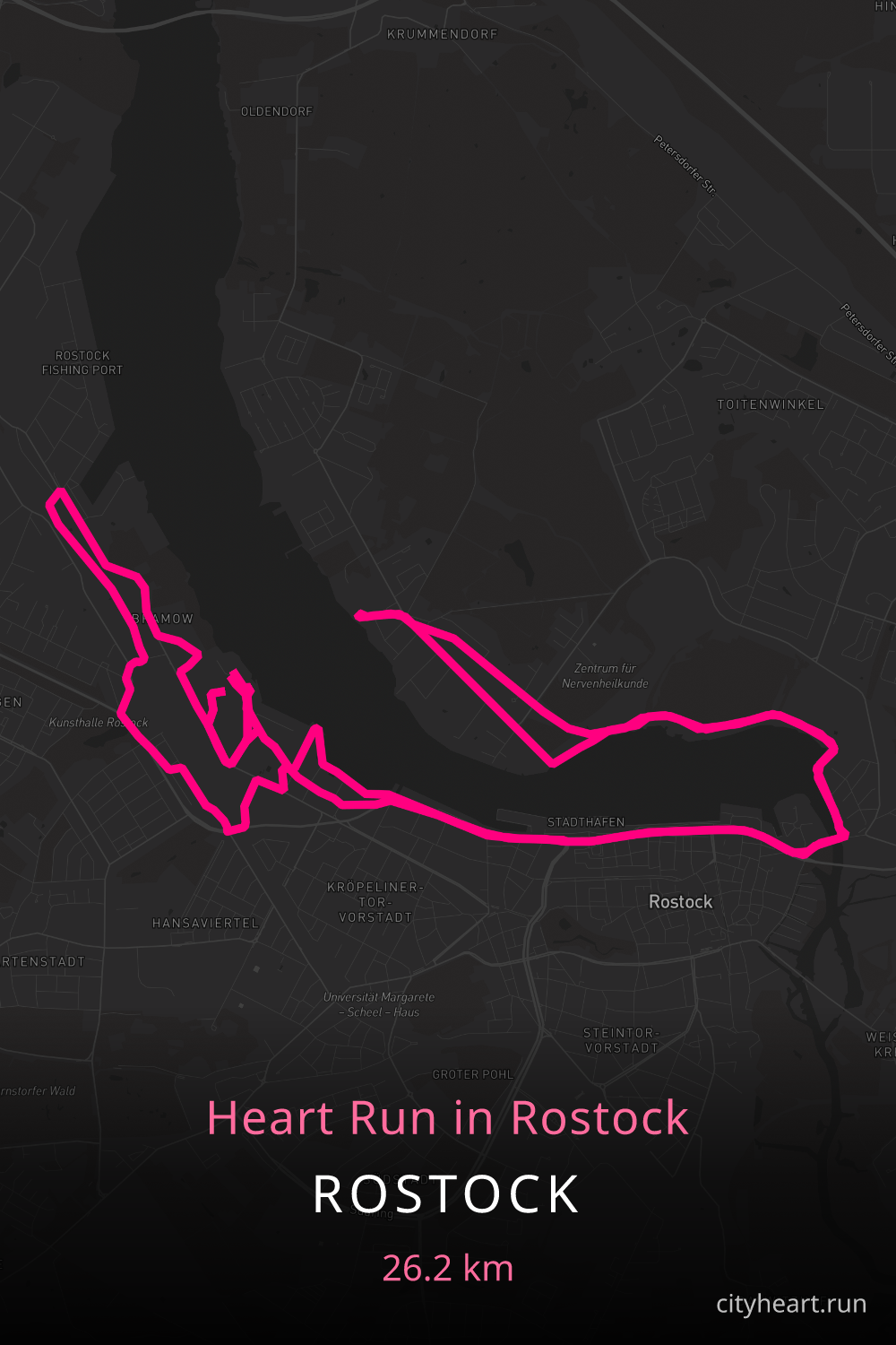 Heart-shaped running route in Rostock, 27.5 km — GPS art for Strava