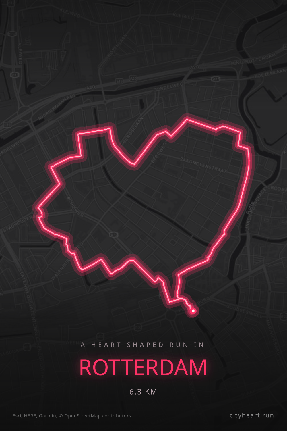 Heart-shaped running route in Rotterdam, 6.3 km — GPS art for Strava