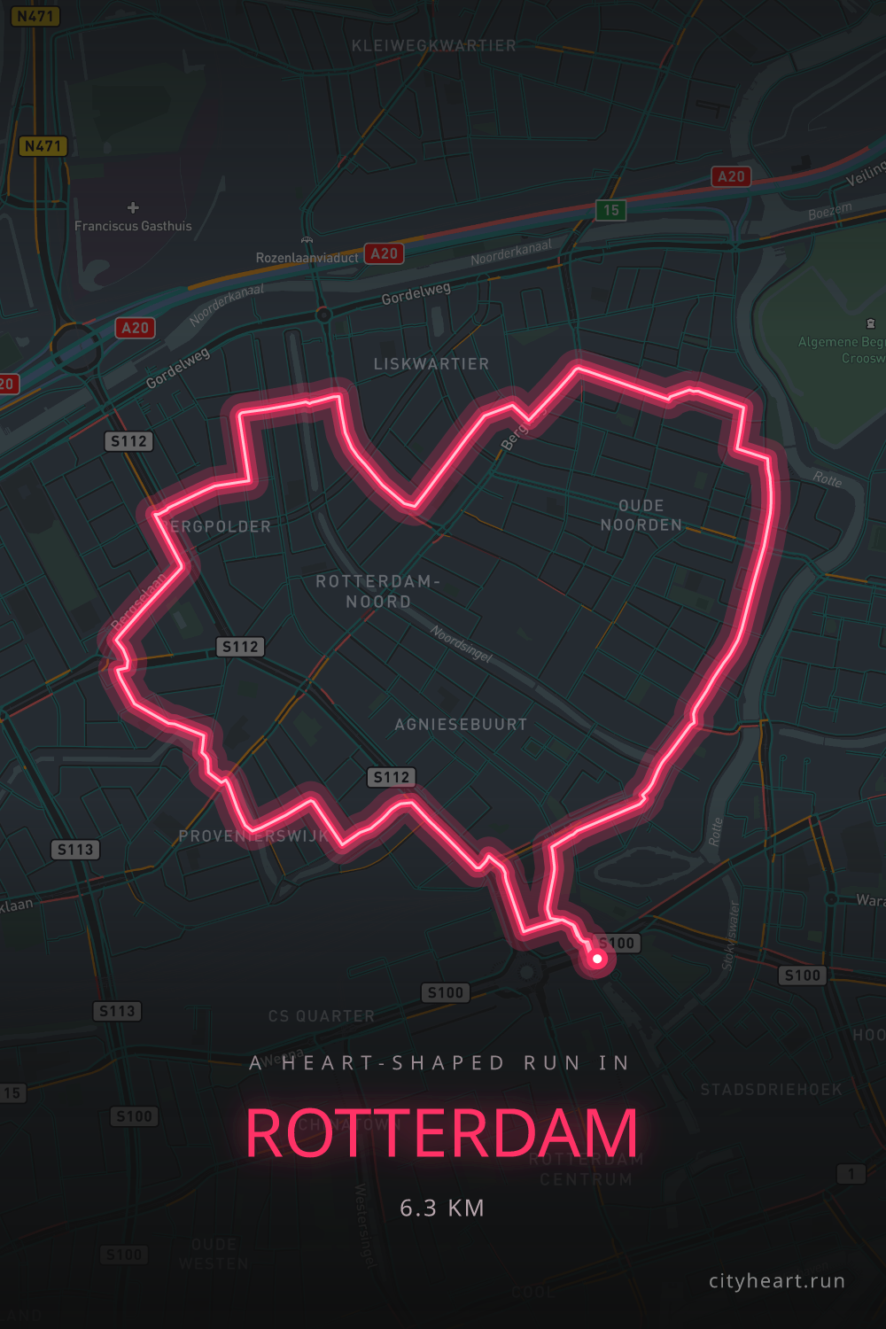 Heart-shaped running route in Rotterdam, 6.3 km — GPS art for Strava