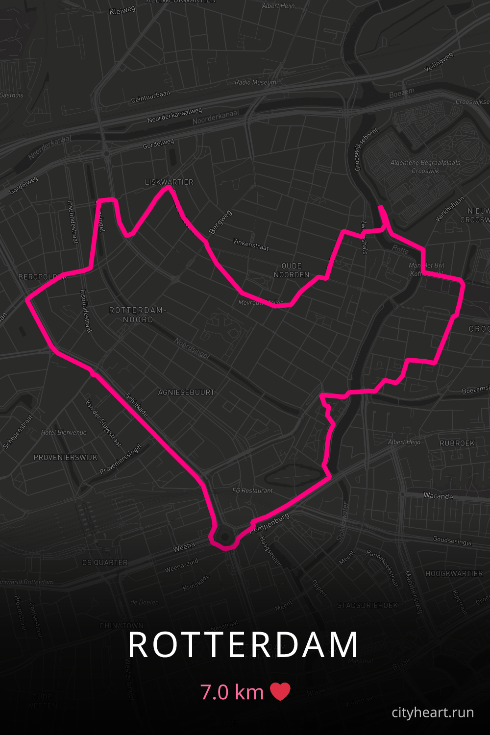 Heart-shaped running route in Rotterdam, 7.0 km — GPS art for Strava