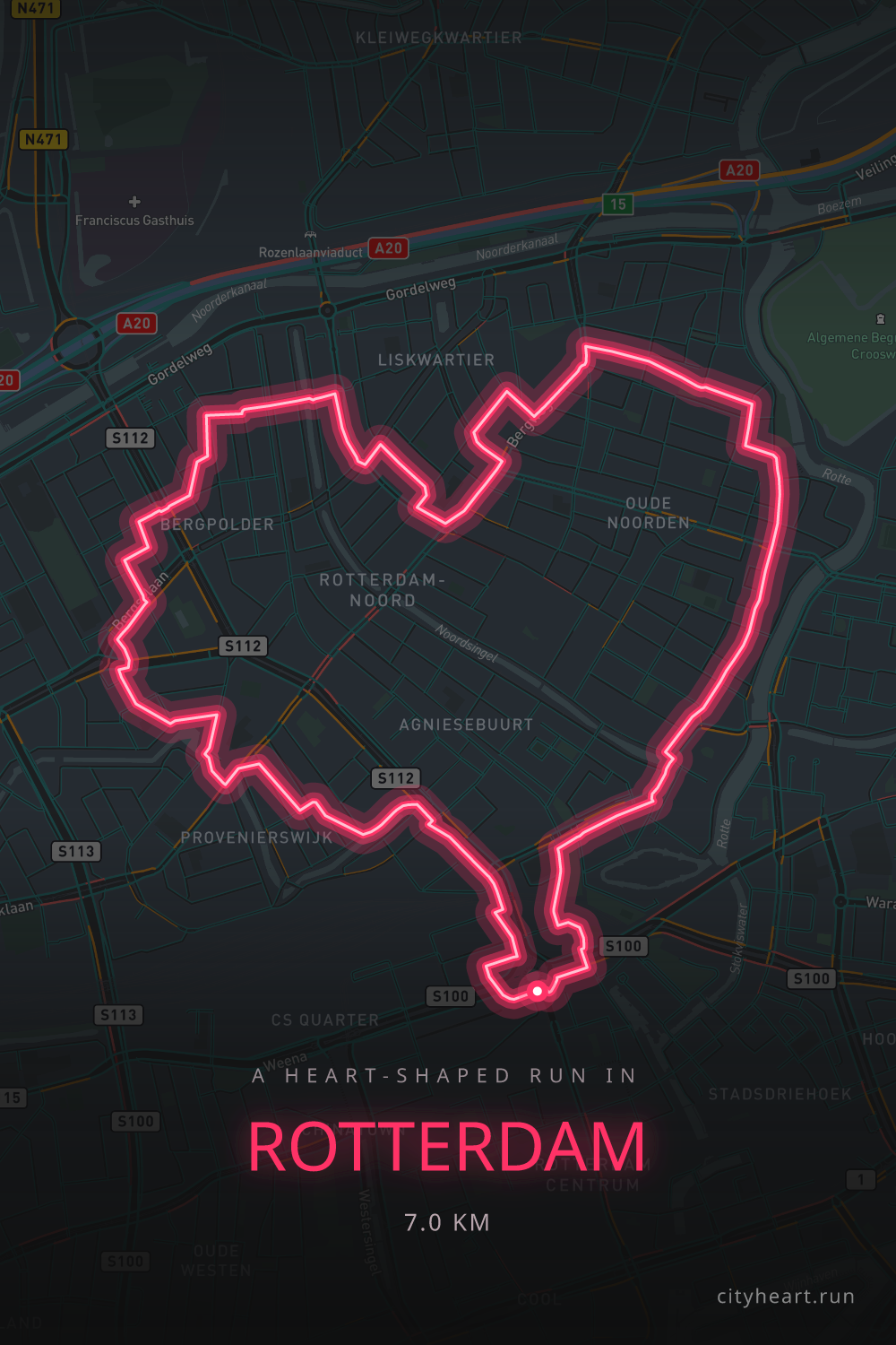 Heart-shaped running route in Rotterdam, 7.0 km — GPS art for Strava