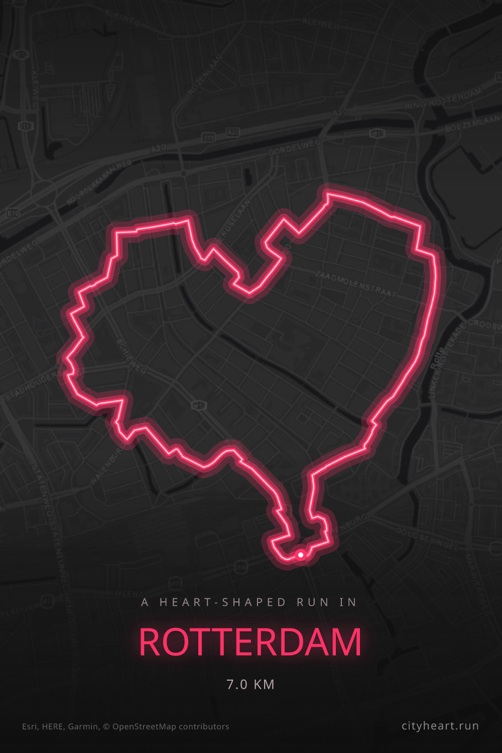 Heart-shaped running route in Rotterdam, 7.0 km — GPS art for Strava