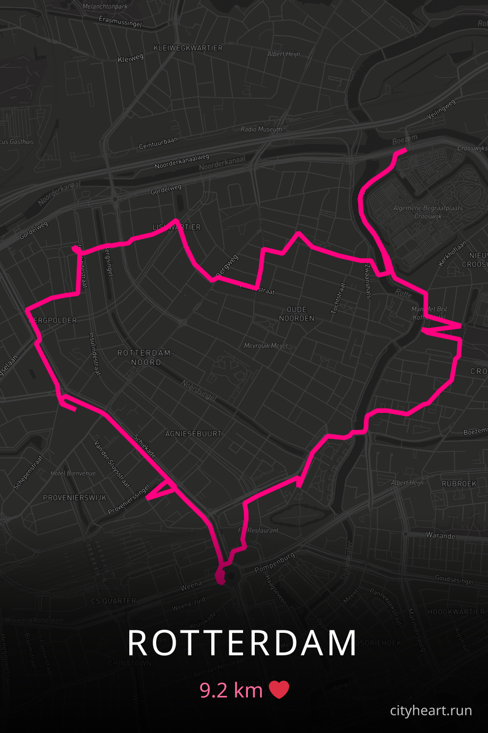 Heart-shaped running route in Rotterdam, 9.2 km — GPS art for Strava