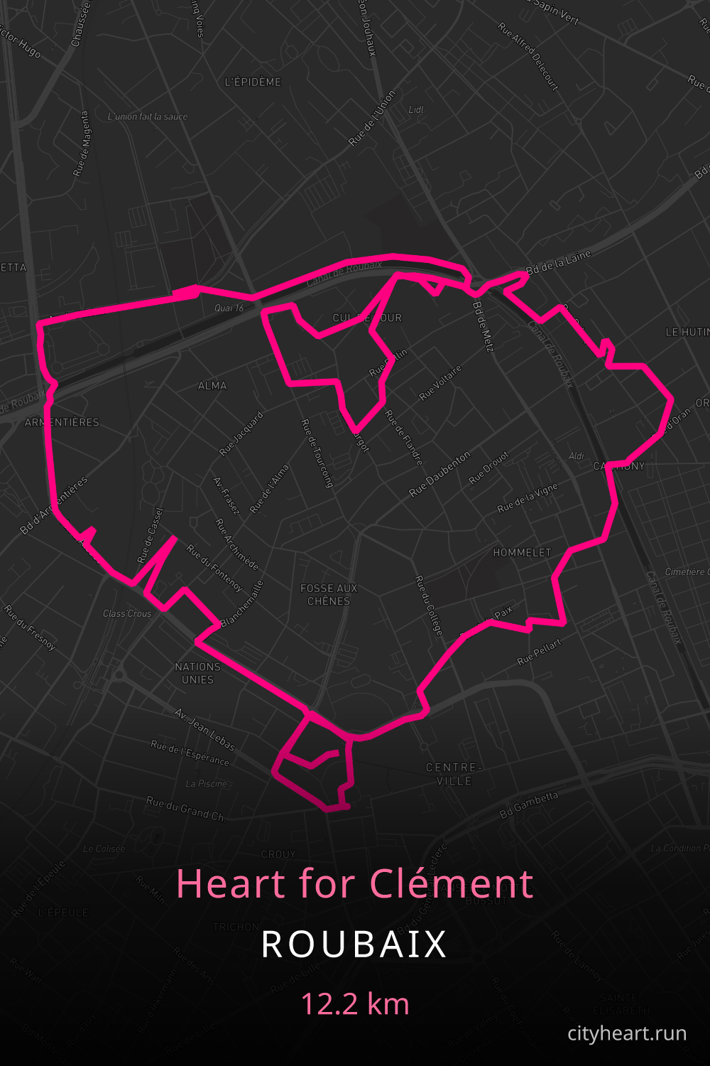 Heart-shaped running route in Roubaix, 12.2 km — GPS art for Strava