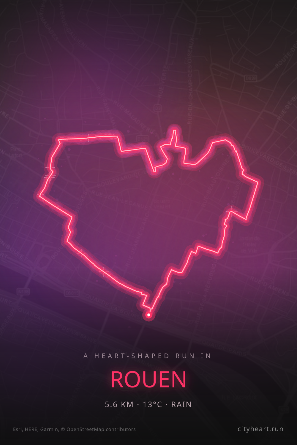Heart-shaped running route in Rouen, 5.6 km — GPS art for Strava
