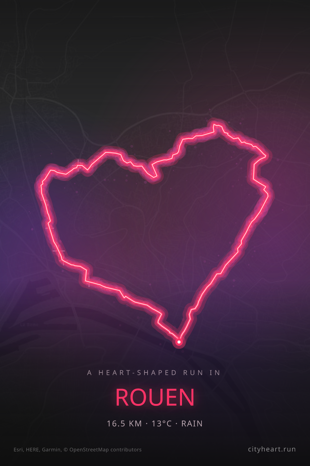 Heart-shaped running route in Rouen, 16.5 km — GPS art for Strava