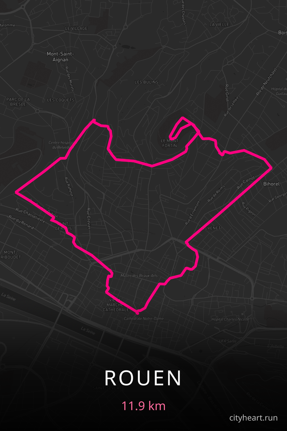 Heart-shaped running route in Rouen, 11.9 km — GPS art for Strava