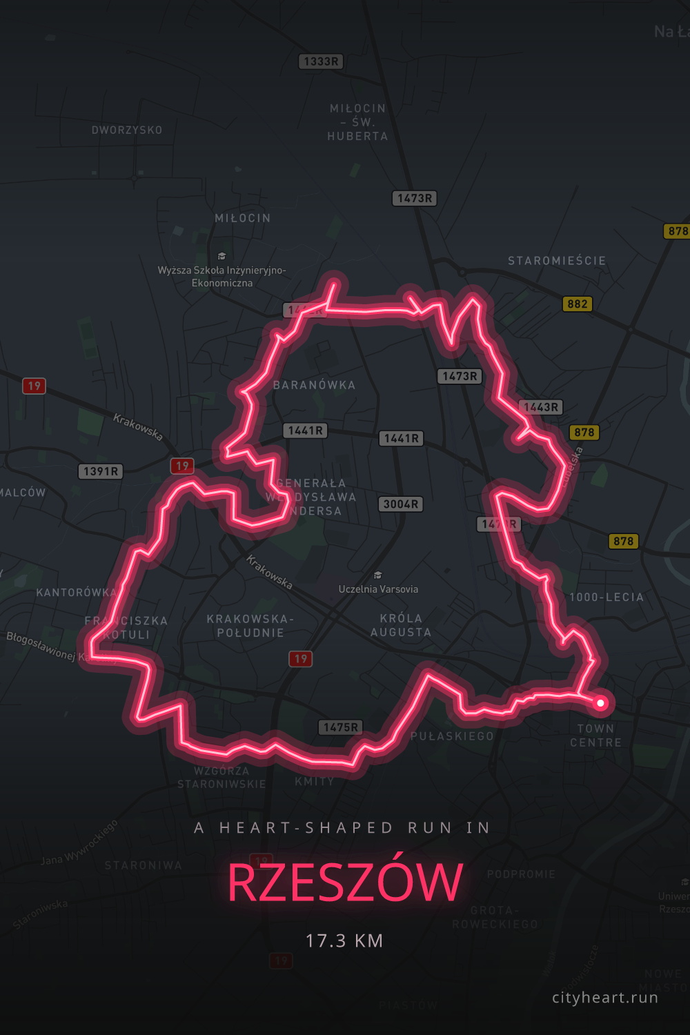 Heart-shaped running route in Rzeszów, 19.1 km — GPS art for Strava