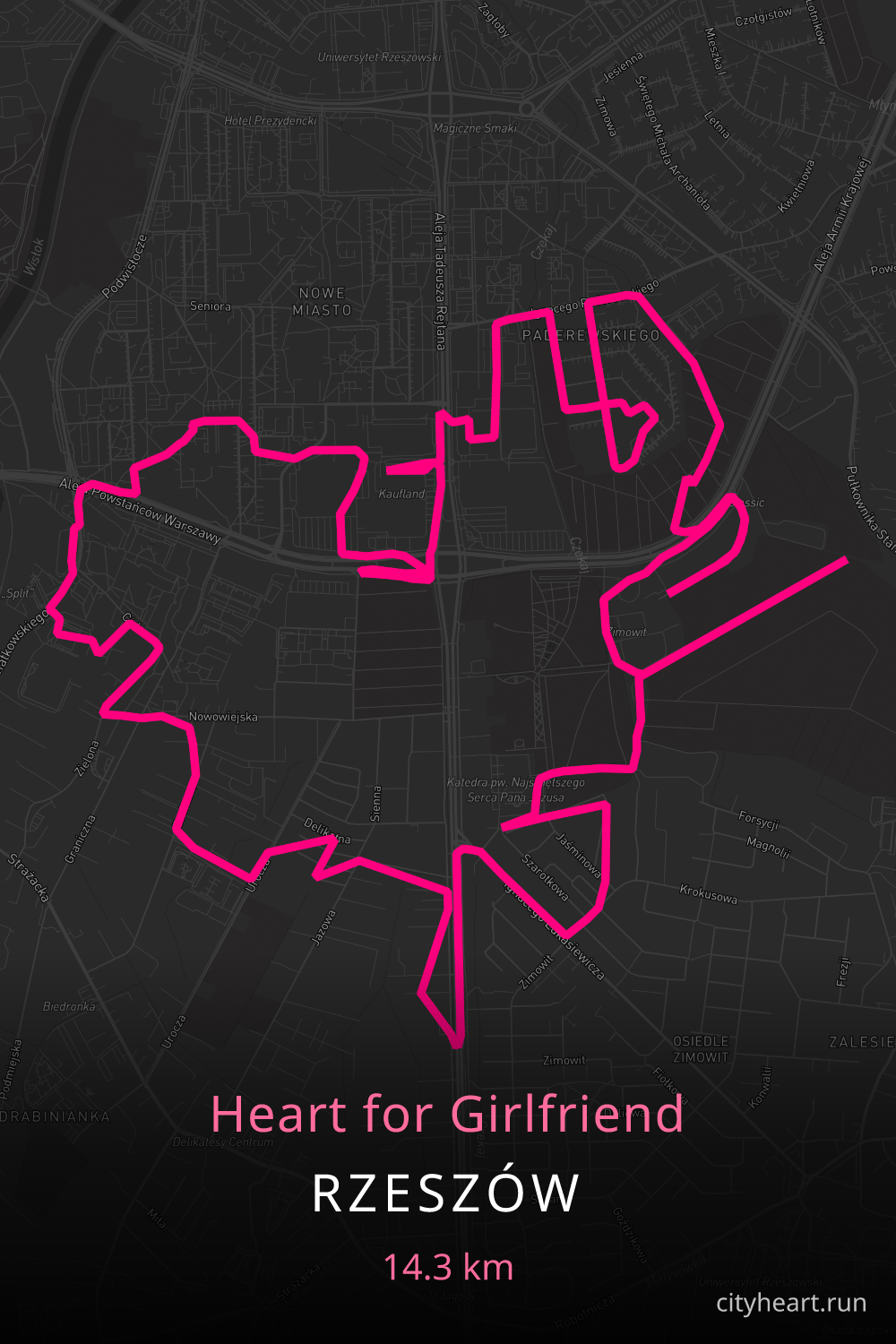 Heart-shaped running route in Rzeszów, 15.5 km — GPS art for Strava