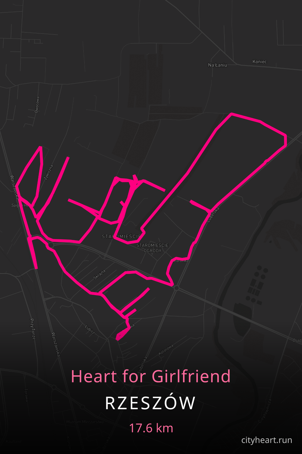Heart-shaped running route in Rzeszów, 18.5 km — GPS art for Strava