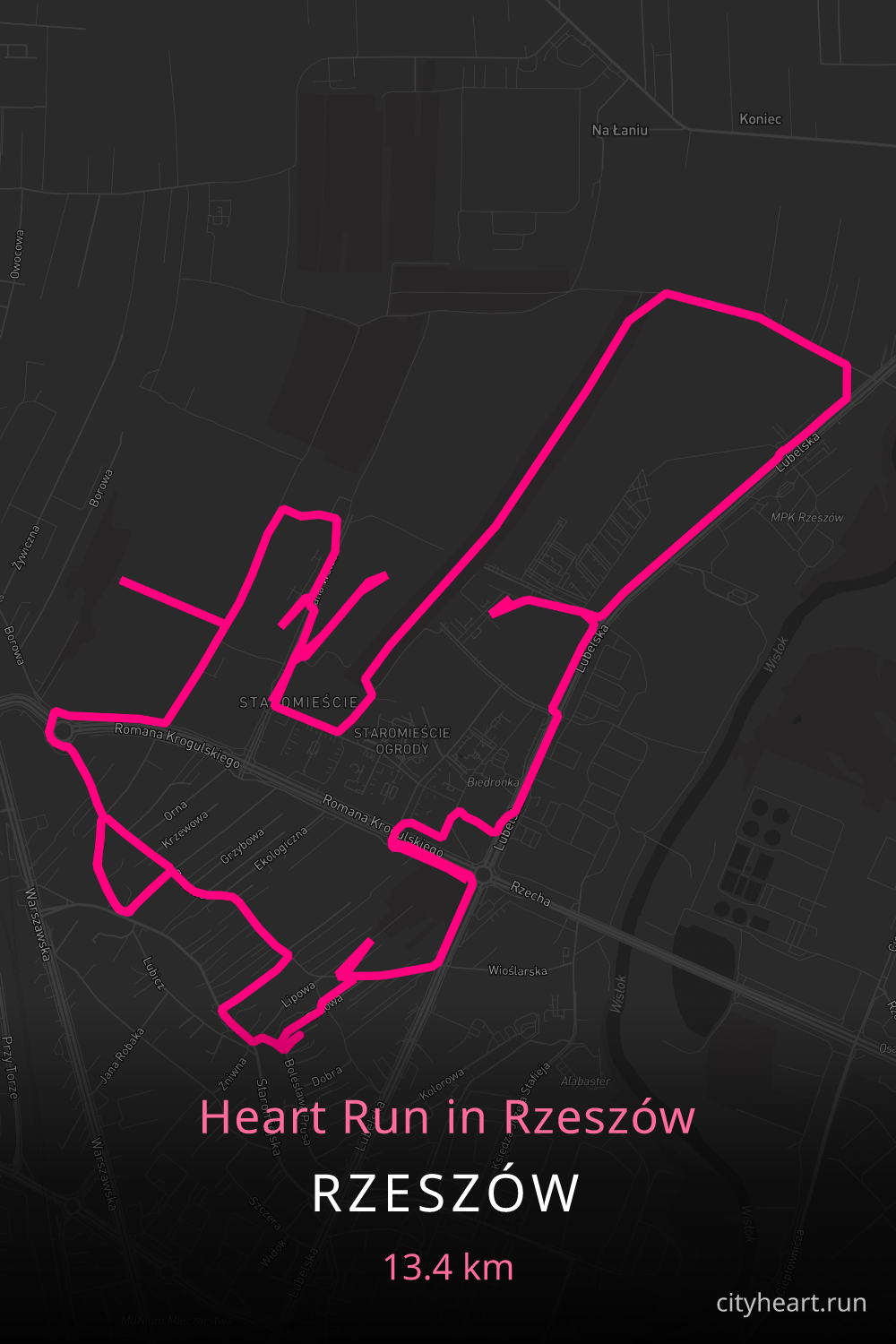 Heart-shaped running route in Rzeszów, 14.9 km — GPS art for Strava
