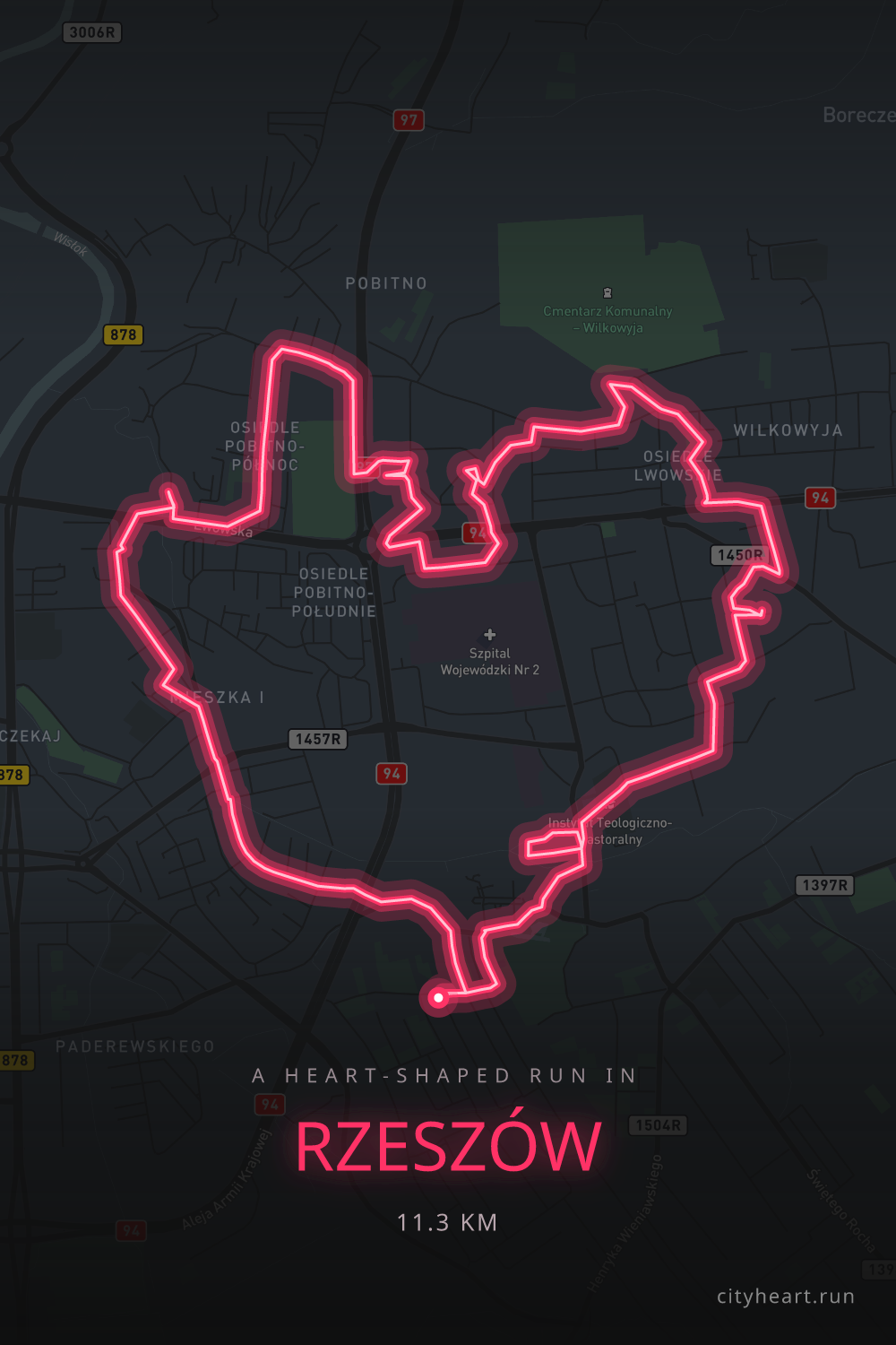 Heart-shaped running route in Rzeszów, 11.3 km — GPS art for Strava