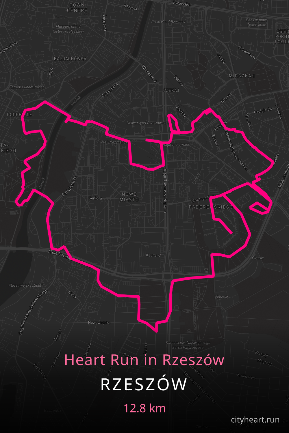 Heart-shaped running route in Rzeszów, 13.7 km — GPS art for Strava