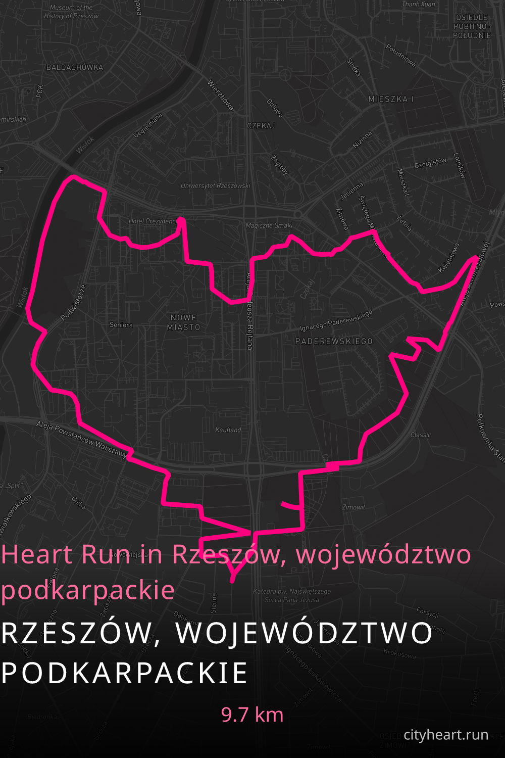 Heart-shaped running route in Rzeszów, województwo podkarpackie, 10.7 km — GPS art for Strava