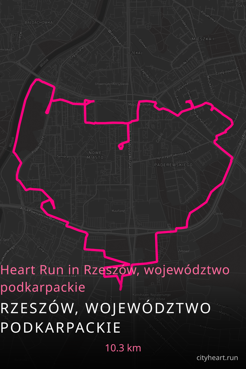 Heart-shaped running route in Rzeszów, województwo podkarpackie, 10.3 km — GPS art for Strava