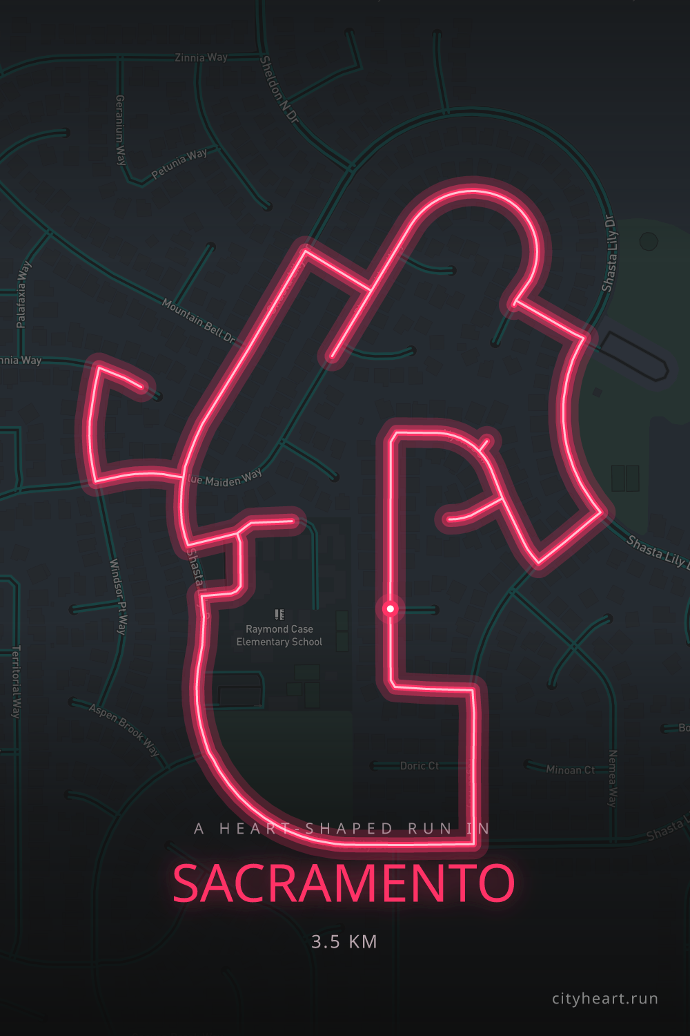 Heart-shaped running route in Sacramento, 3.5 km — GPS art for Strava