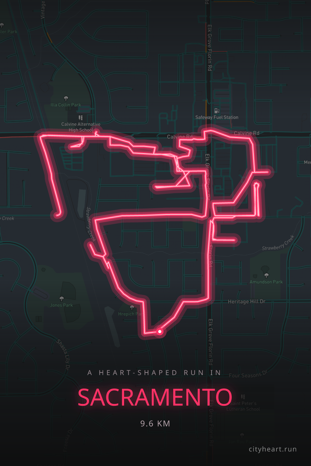 Heart-shaped running route in Sacramento, 9.6 km — GPS art for Strava