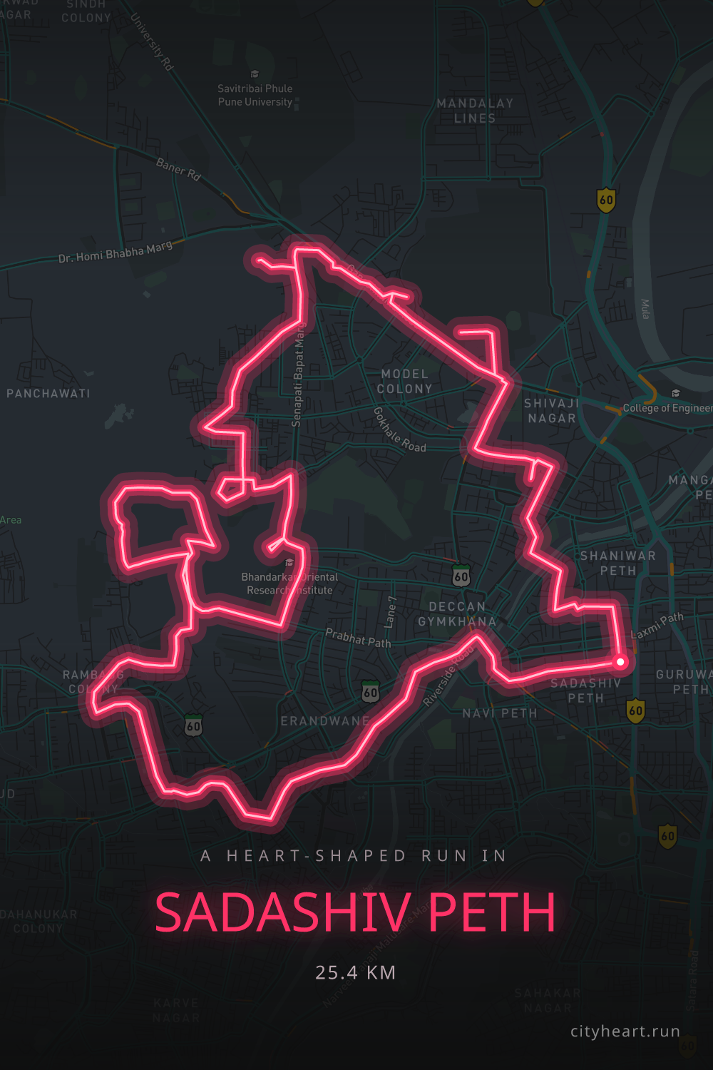 Heart-shaped running route in Sadashiv Peth, 25.4 km — GPS art for Strava