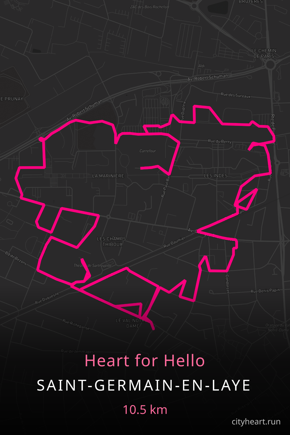 Heart-shaped running route in Saint-Germain-en-Laye, 10.5 km — GPS art for Strava