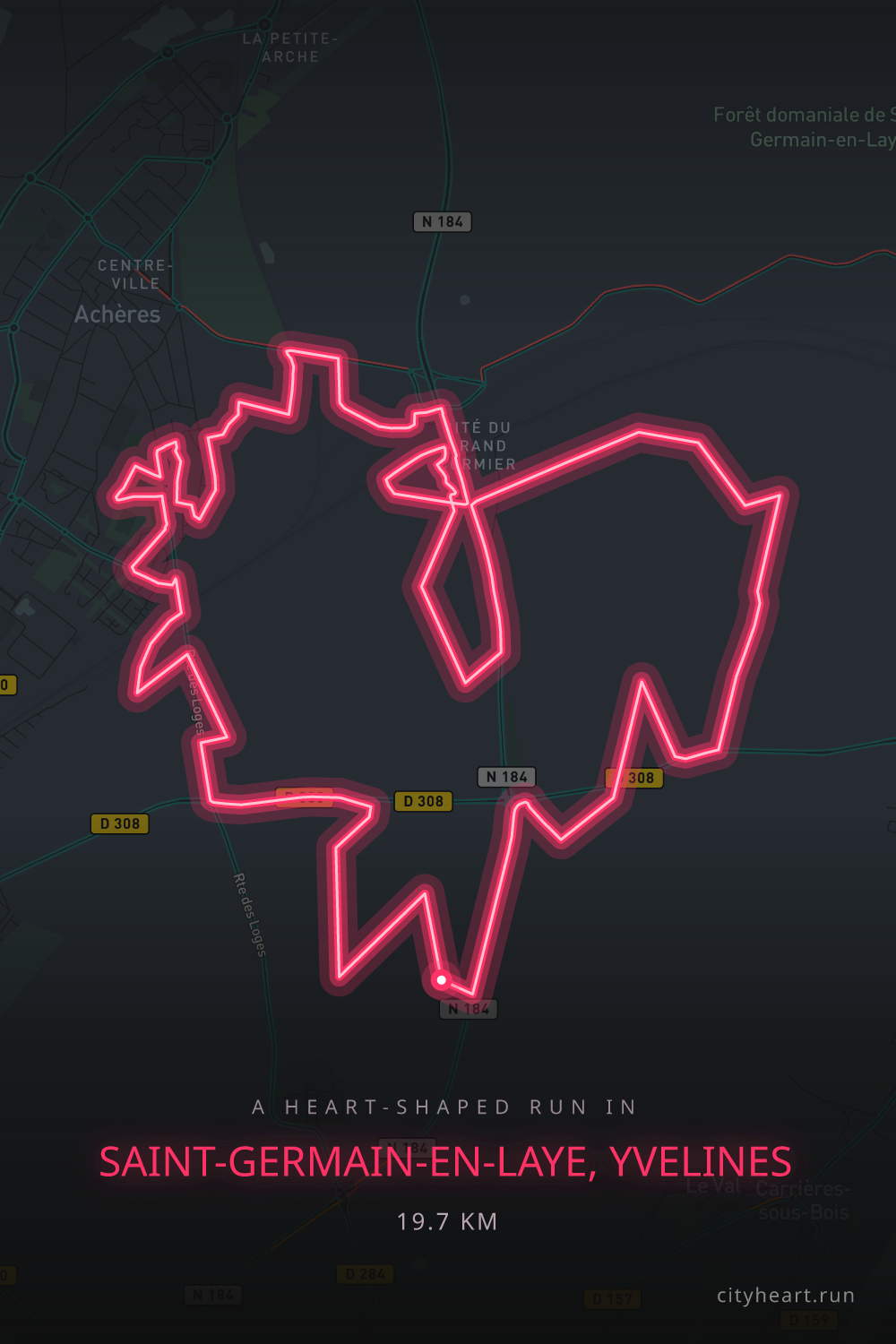 Heart-shaped running route in Saint-Germain-en-Laye, Yvelines, 19.8 km — GPS art for Strava