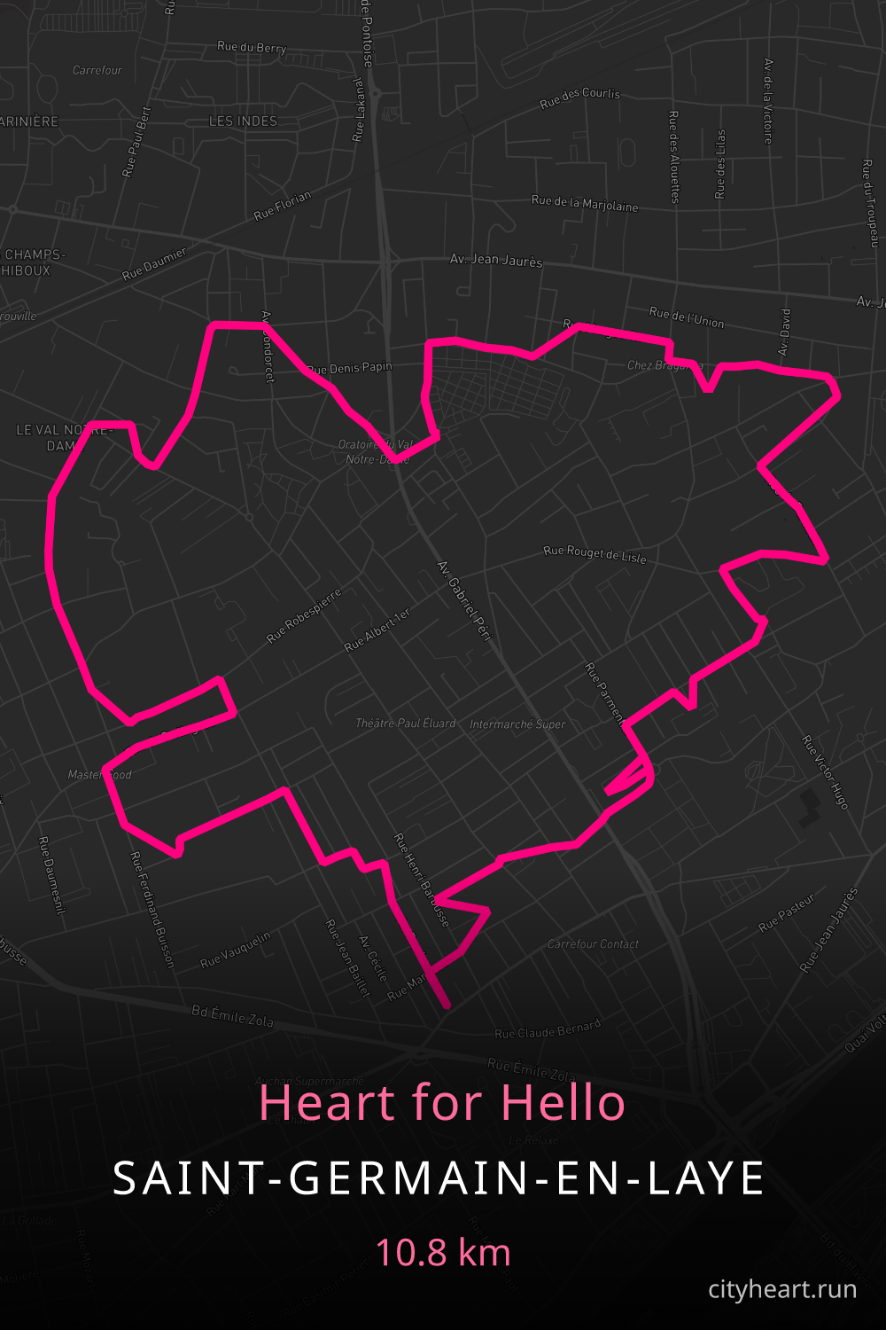 Heart-shaped running route in Saint-Germain-en-Laye, 10.8 km — GPS art for Strava