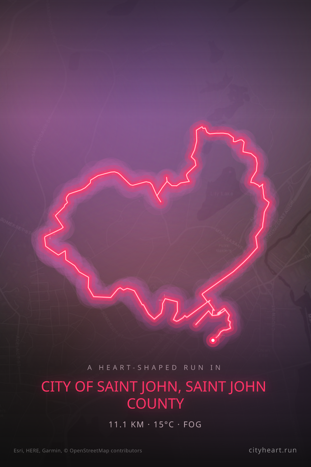 Heart-shaped running route in Saint John, 11.1 km — GPS art for Strava