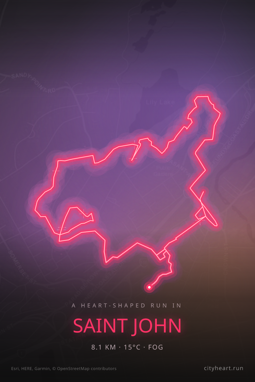 Heart-shaped running route in Saint John, 8.1 km — GPS art for Strava