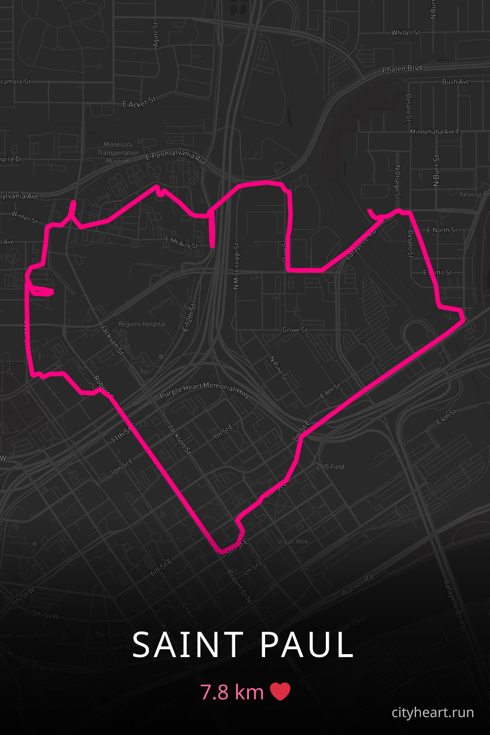 Heart-shaped running route in Saint Paul, 7.8 km — GPS art for Strava