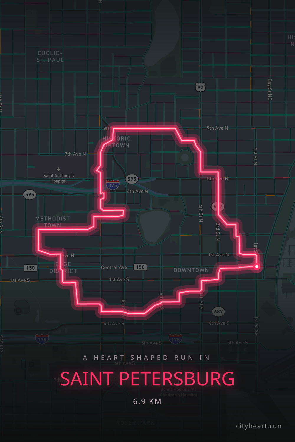 Heart-shaped running route in Saint Petersburg, 6.9 km — GPS art for Strava