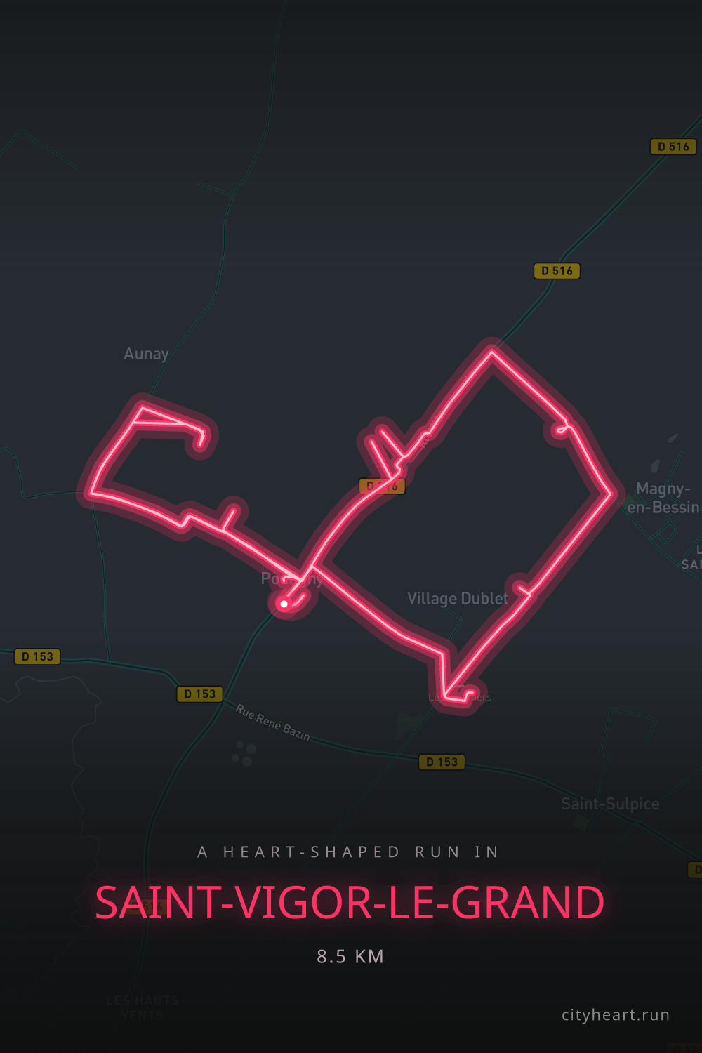 Heart-shaped running route in Saint-Vigor-le-Grand, 8.6 km — GPS art for Strava