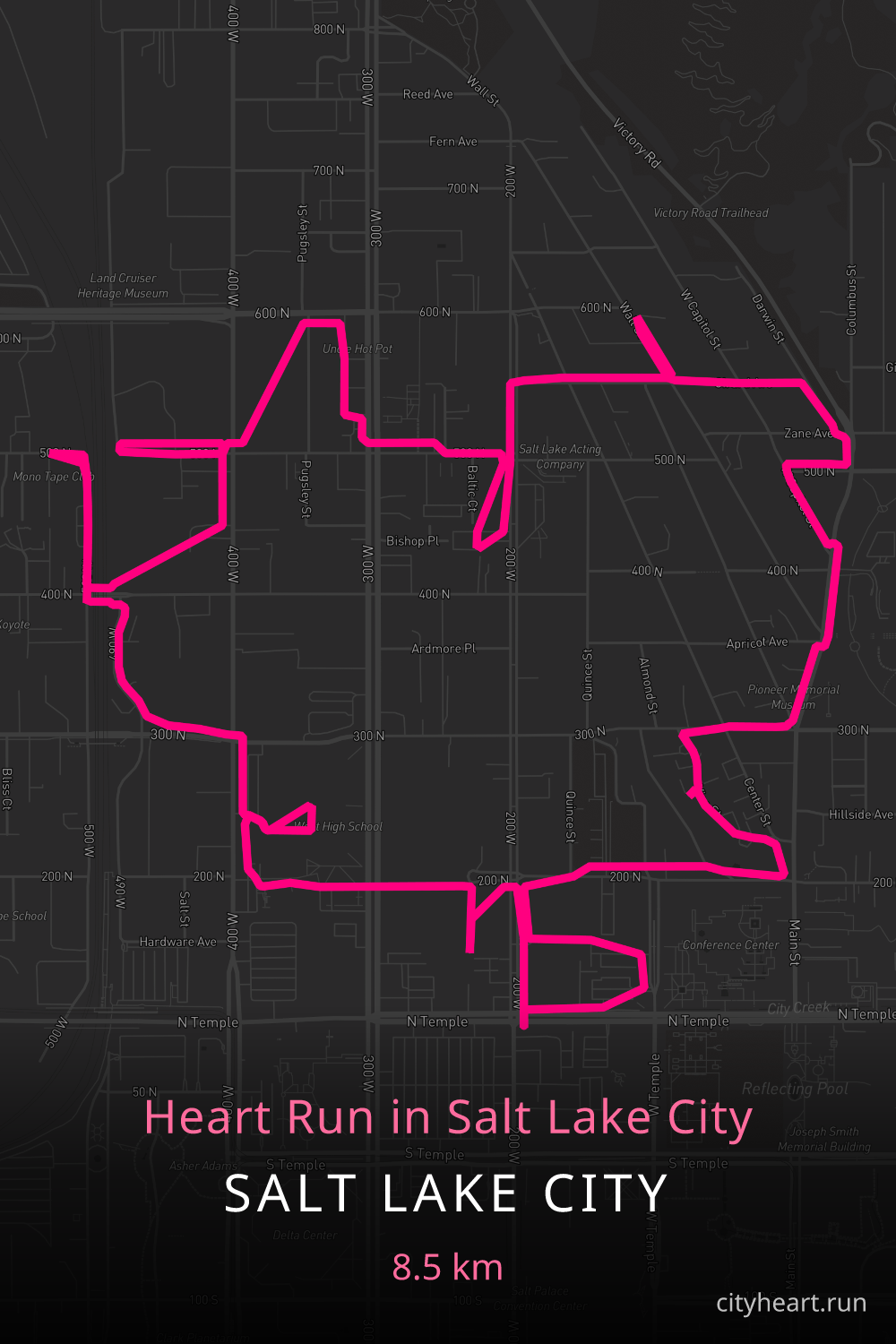 Heart-shaped running route in Salt Lake City, 8.5 km — GPS art for Strava